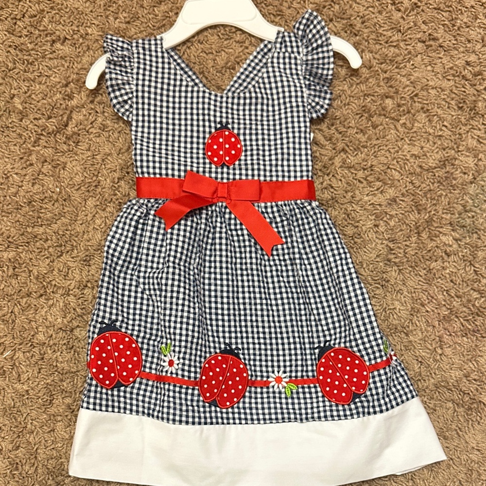 Blueberi Boulevard Gingham Dress with Red Ladybug Accents